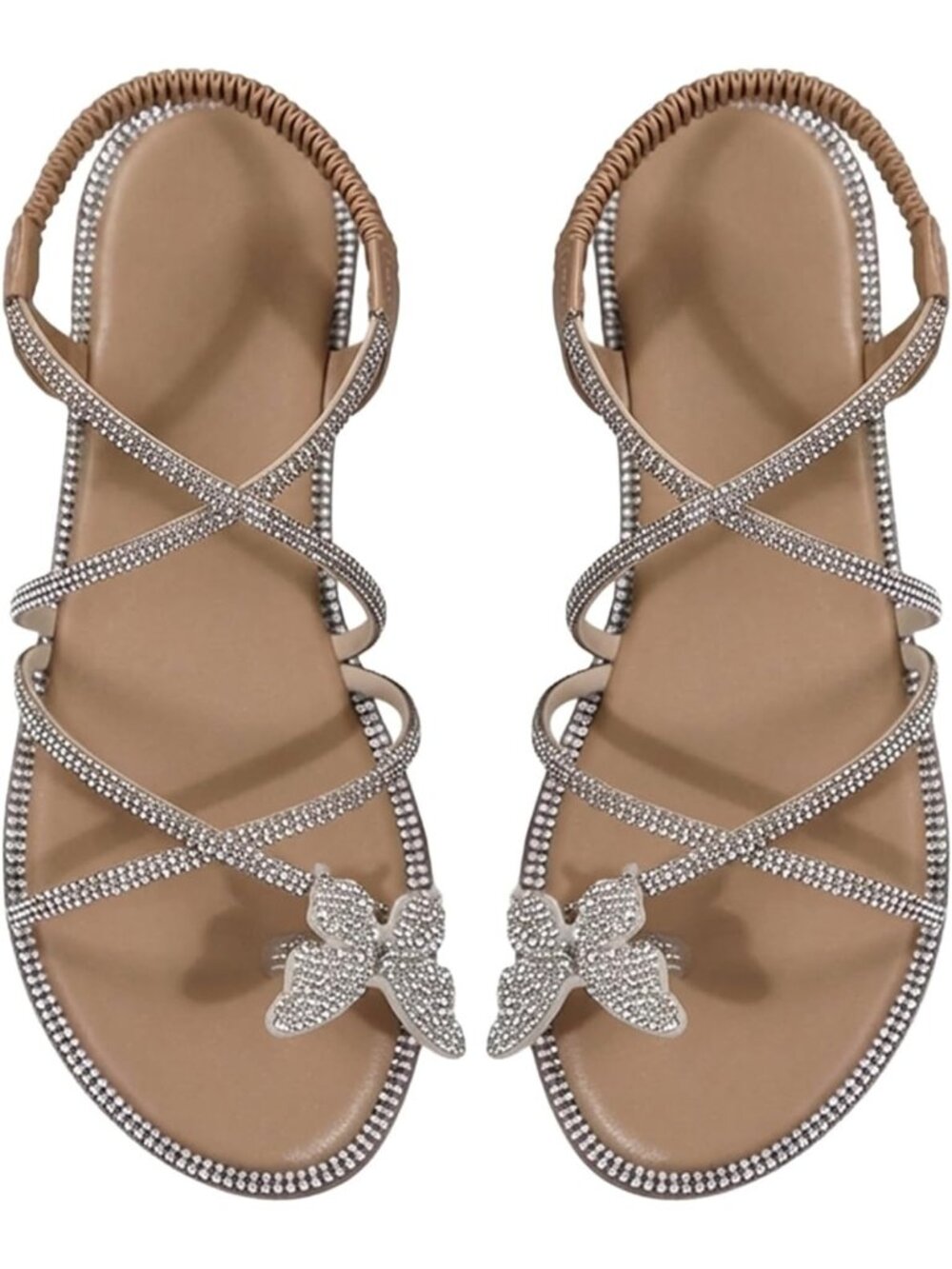 Women's Apricot Summer Glitter Open Toe Sparkly Rhinestone Slides Flat Sandals
